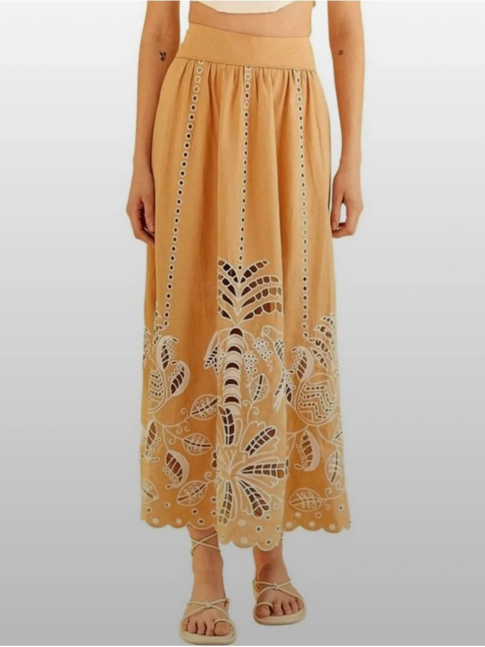 FARM Rio Tan Maxi Skirt with White Cutwork Embroidery - Picture 1 of 6
